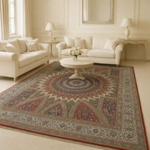 Hand-Knotted Red Wool Rug: Medallion Floral Design