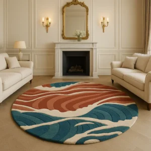 Hand Tufted Rust and Green Colored Round Shaped Woolen Rug For Living & Drawing Room