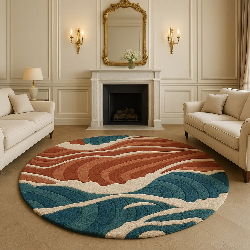 Hand Tufted Rust and Green Colored Round Shaped Woolen Rug For Living & Drawing Room