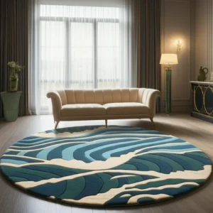 Hand Tufted Blue and Green Round Shaped Woolen Rug For Living & Drawing Room