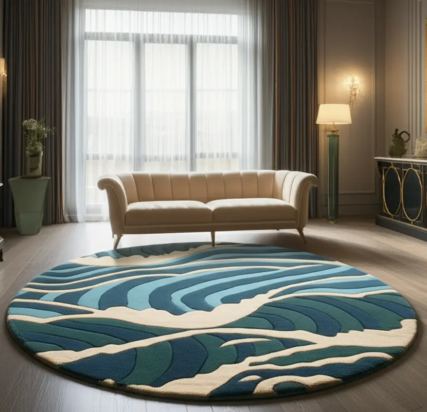 Hand Tufted Blue and Green Round Shaped Woolen Rug For Living & Drawing Room