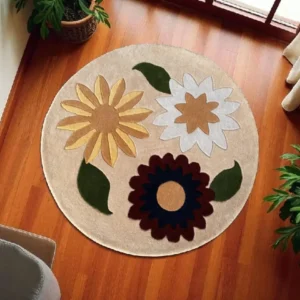 Hand-Tufted Wool Rug: Retro Floral Design, Earthy Beige