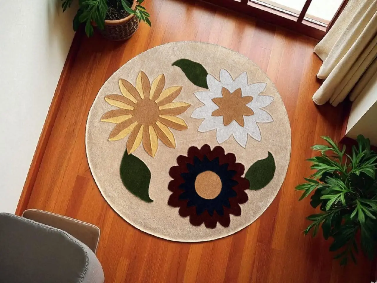 Hand-Tufted Wool Rug: Retro Floral Design, Earthy Beige