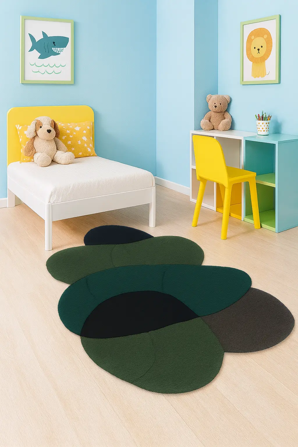 Hand-Tufted Wool Kids Rug: Modern Pebble Design, Green Teal Charcoal