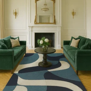 Hand-Tufted Wool Area Rug: Blue & White Abstract Curves, Modern Home Decor