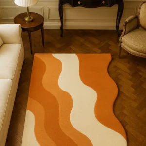 Hand-Tufted Retro Wave Rug: Orange & Cream Abstract Design