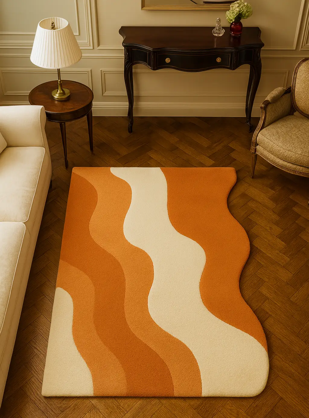 Hand-Tufted Retro Wave Rug: Orange & Cream Abstract Design