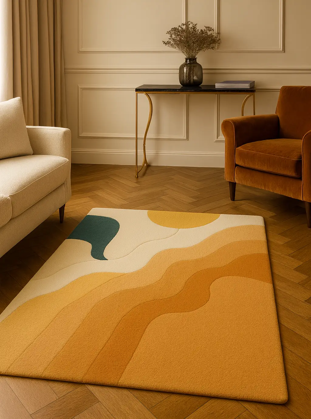 Hand Tufted Abstract Rug: Sun & Waves Earth Tone Design