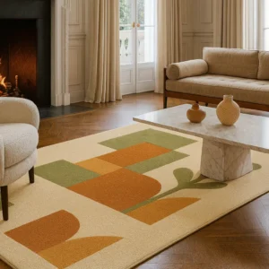 Hand-Tufted Wool Rug: Modern Geometric Plant Motif, Earthy Green & Rust