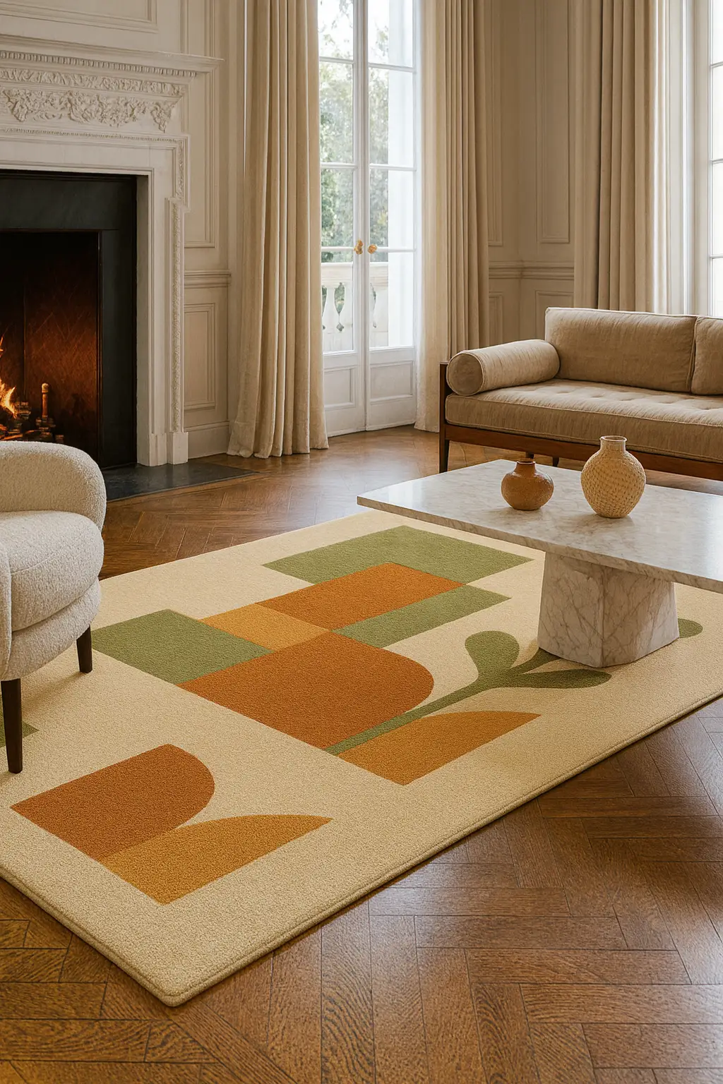 Hand-Tufted Wool Rug: Modern Geometric Plant Motif, Earthy Green & Rust