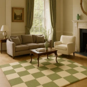 Hand Tufted Checkerboard Rug: Green and Beige Modern Geometric Carpet