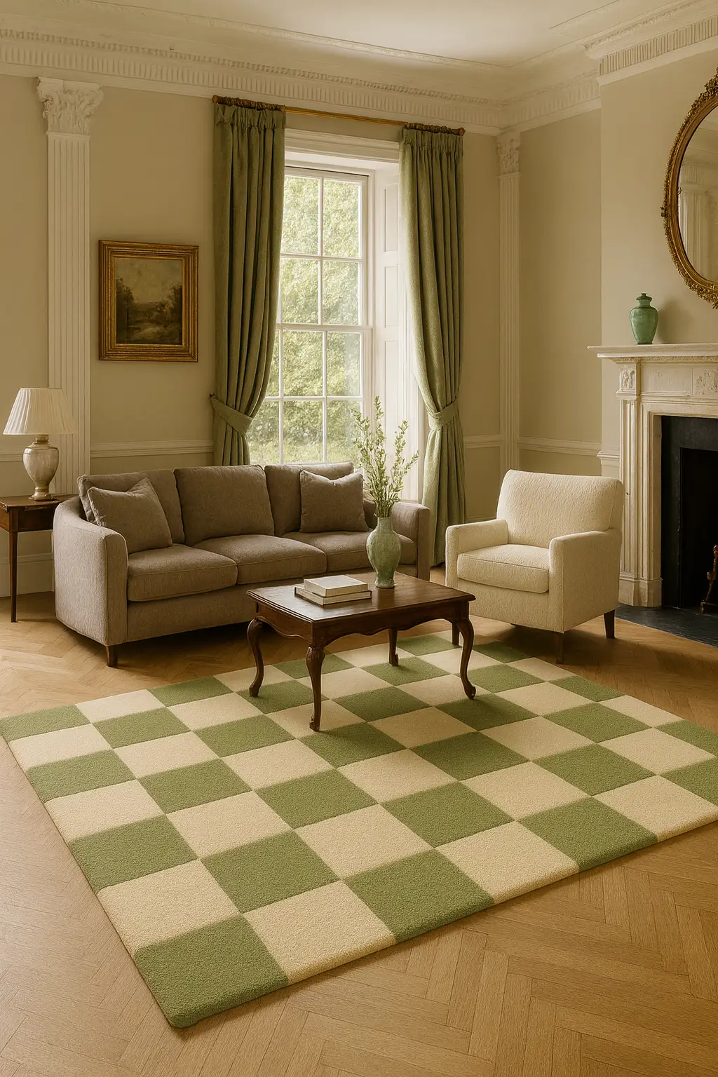 Hand Tufted Checkerboard Rug: Green and Beige Modern Geometric Carpet